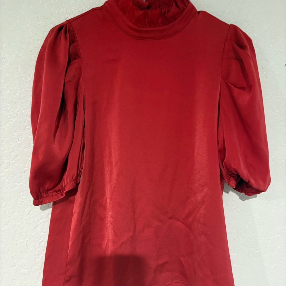 THML ‘silky top’ Red Puff Sleeve Ruffled Blouse